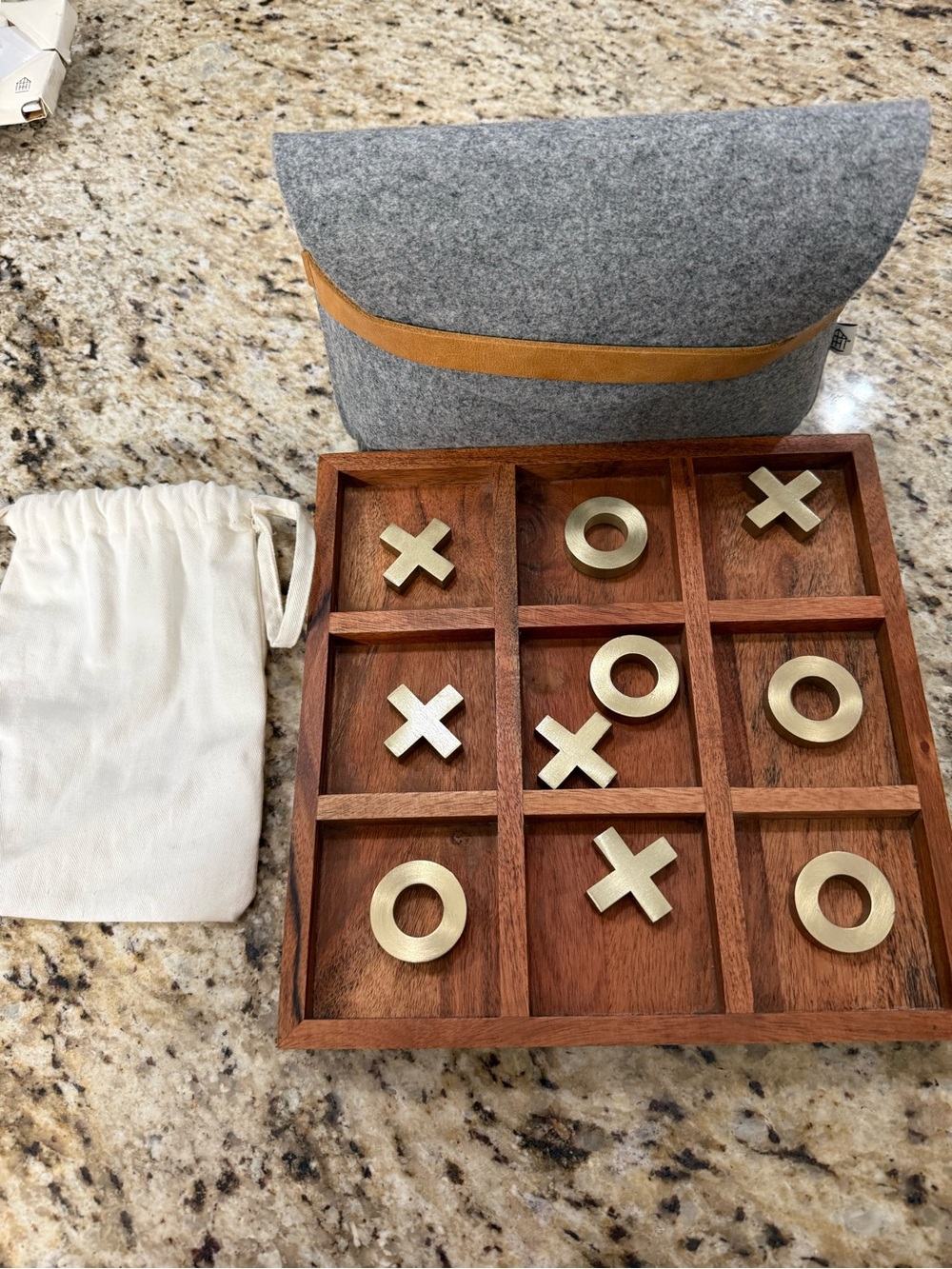 Hearth & Hand 2 Pc Bundle Wood Tic Tac Toe Game Set & Felt Leather Clutch Pouch